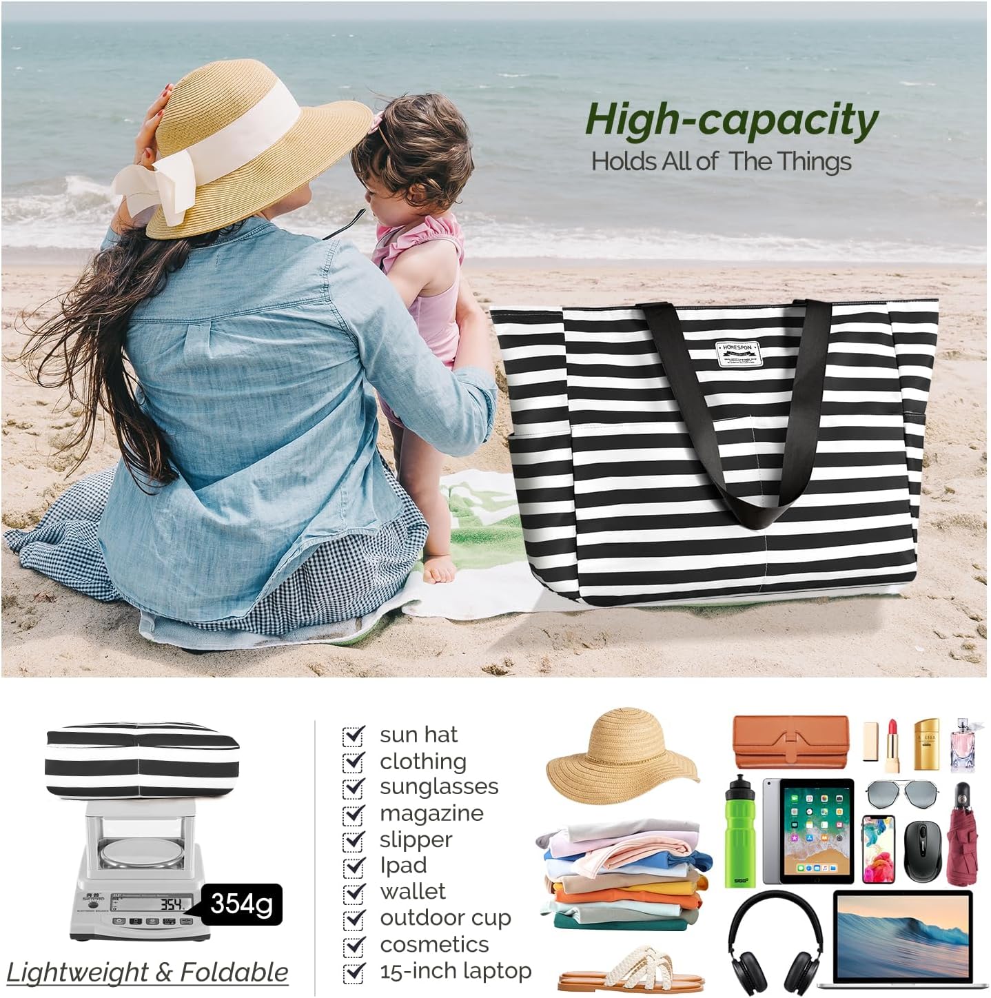 Thumbnail 2 de HOMESPON Large Waterproof Beach Tote Bag (Zip, Pockets, Foldable) – Black and White Stripes
