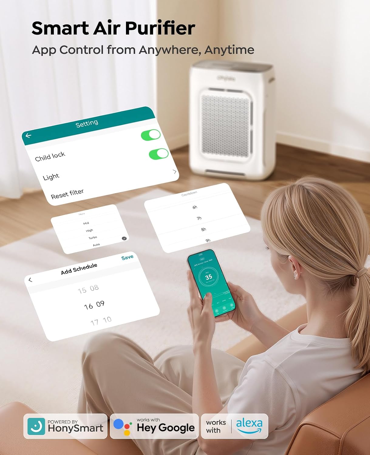Detalle de Air Purifier for Home Large Room up to 3000 Sq Ft — HEPA, Smart WiFi, Double-Sided Filters