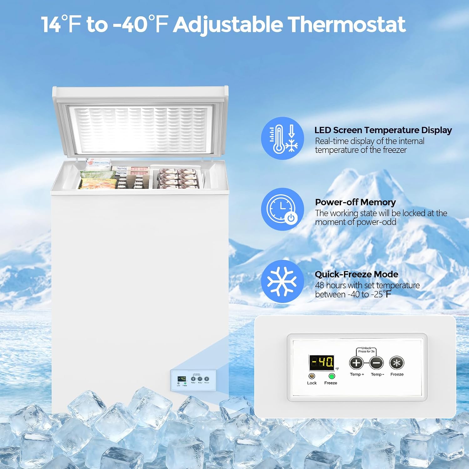 Detalle de COWSAR 58090RFR0-WHITE-EL Chest Freezer, 3.5 Cu. Ft., -40°F to 14°F, 2 Baskets