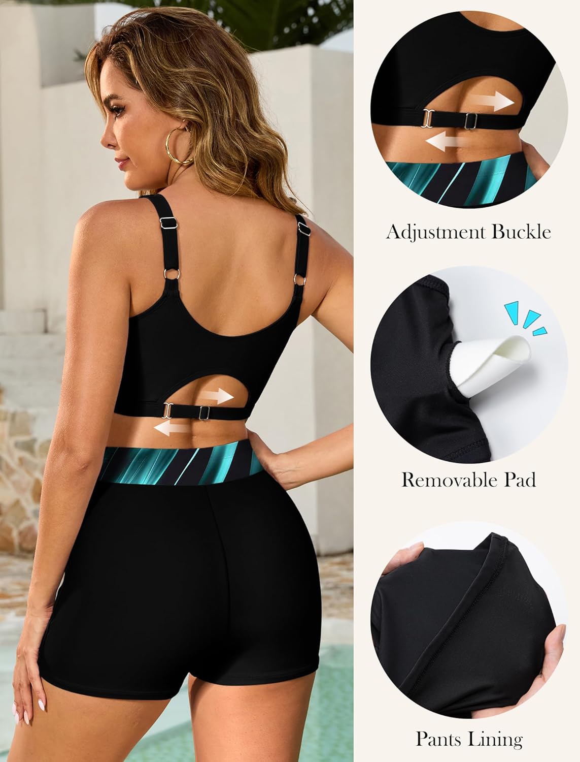 Thumbnail 4 de Arolina 3-Piece Tankini Swimsuit Set for Women (Plus Size) with Padded, Removable Cups