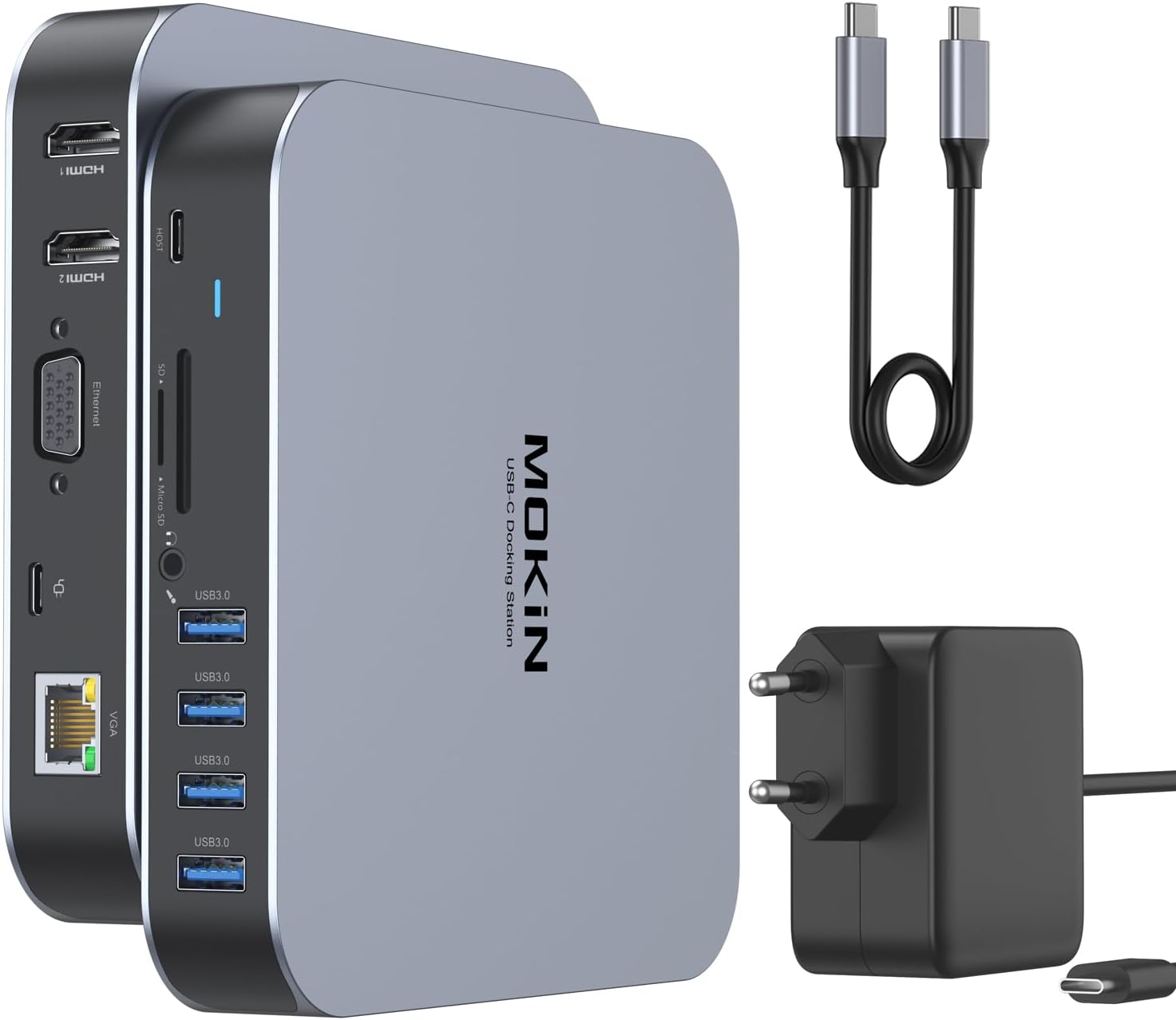 Detalle de MOKiN 13-in-1 USB-C Docking Station für MacBook Air/Pro – 65 W PD, Dual 4K HDMI, USB-A/C, VGA, Ethernet, SD/TF