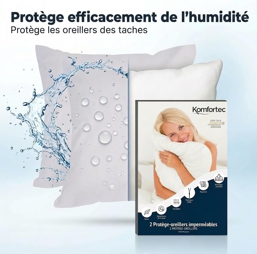 Detalle 2 de Komfortec Protège Oreiller Imperméable 40 x 40 cm – Lot de 2 avec Fermeture éclair