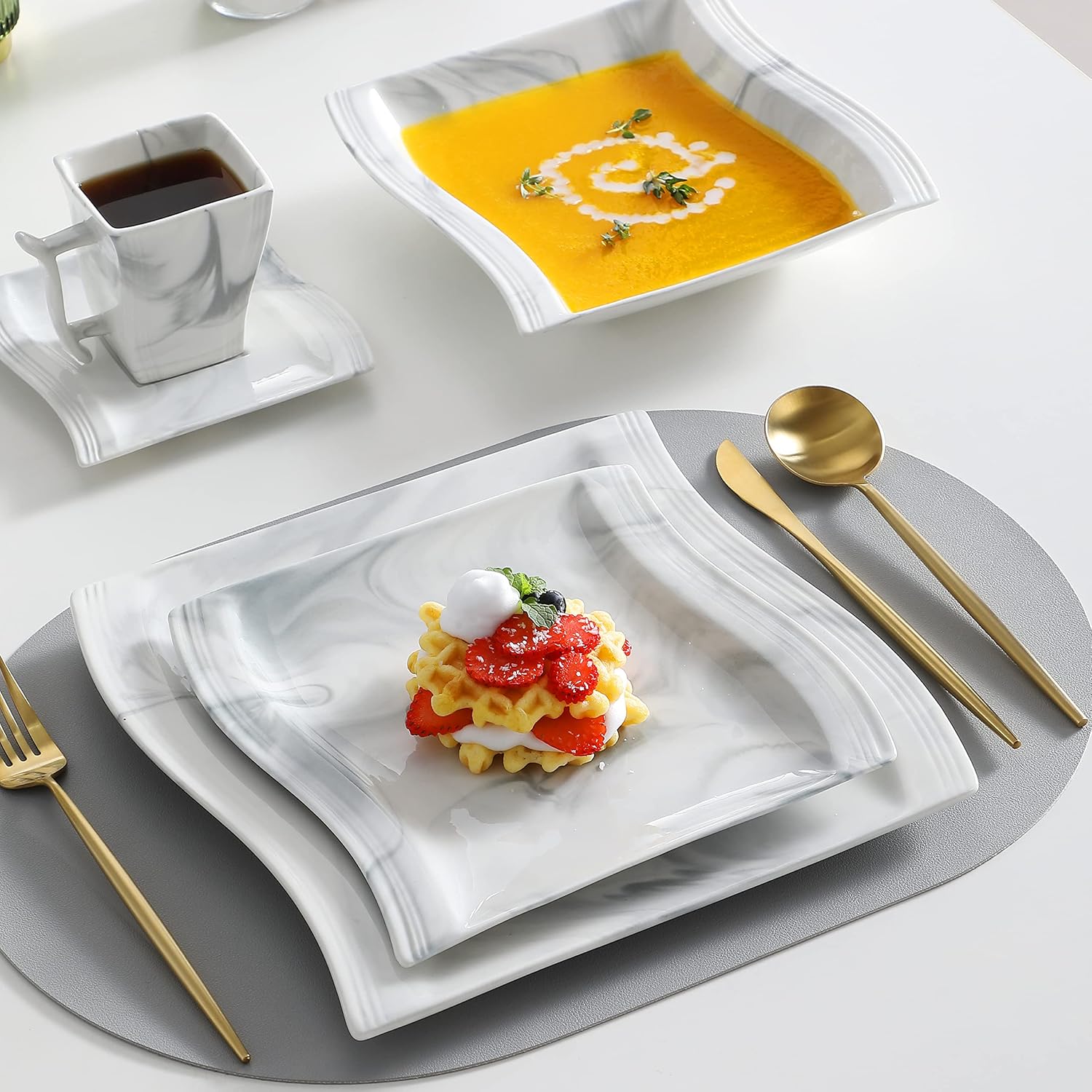 Detalle de MALACASA Flora 30-Piece Marble Grey Porcelain Dinnerware Set for 6
