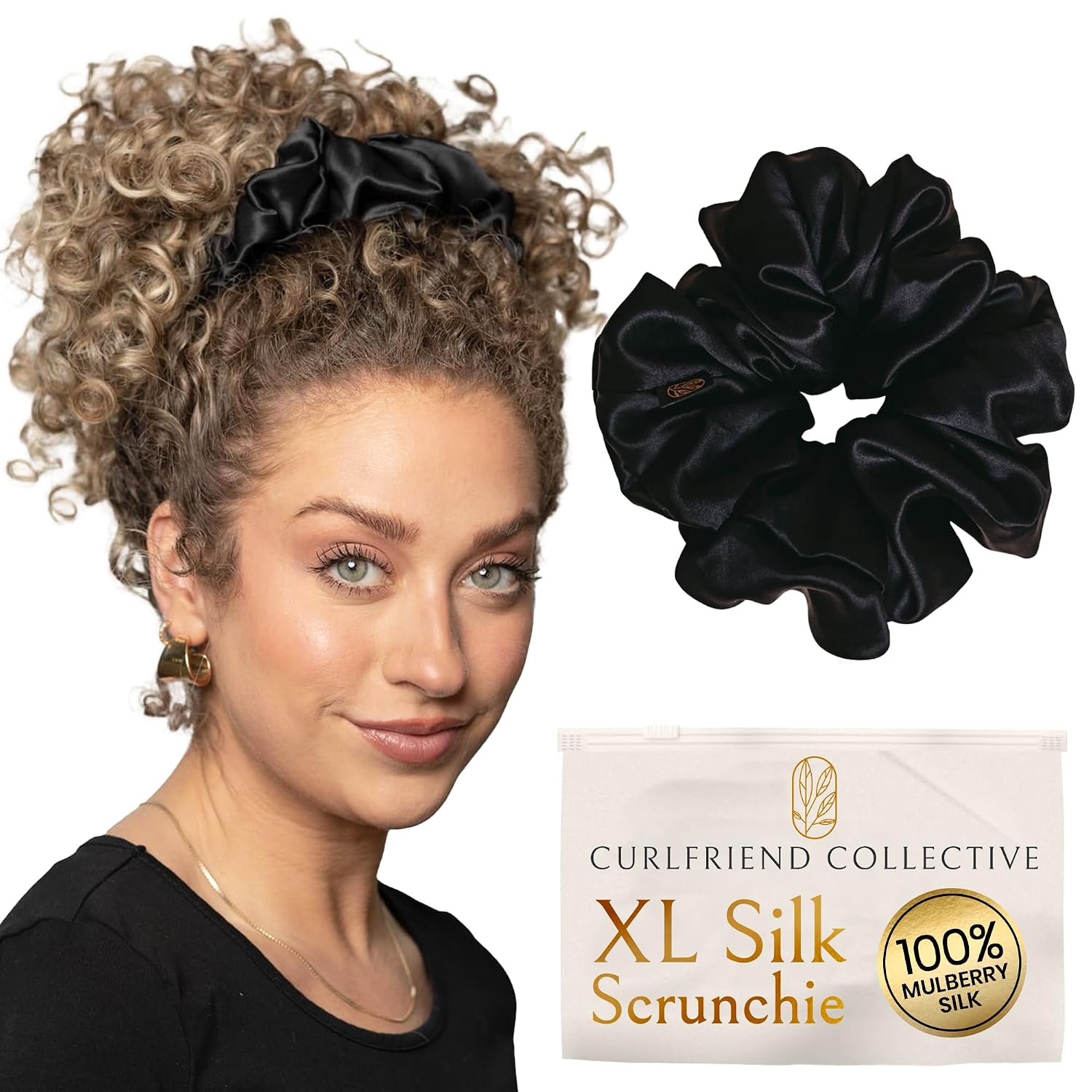 Curlfriend Collective Silk Scrunchies for Women (XL Mulberry Silk Ponytail Holders) – Black