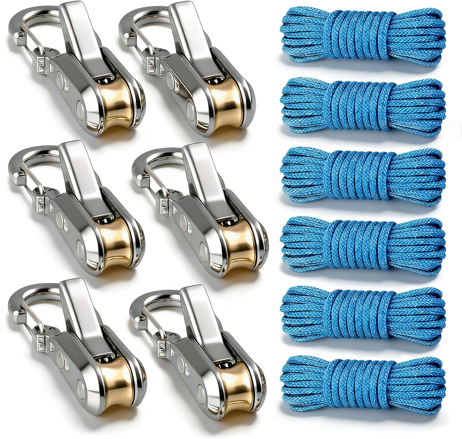 6-Pack Retractable Rope Tie-Downs with Roller Tensioner (Nylon Blend) for Camping, Boating & Home Storage