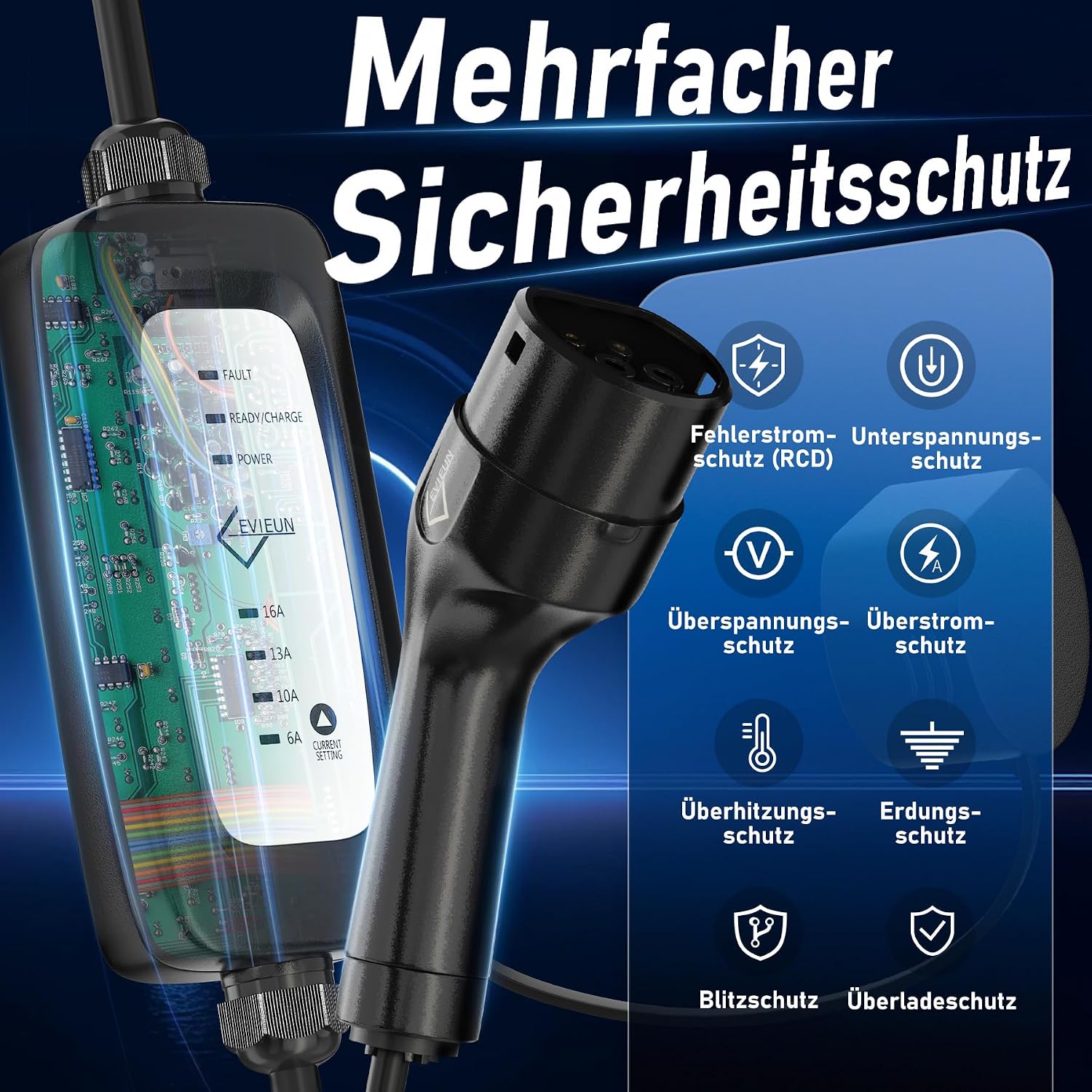 Thumbnail 3 de EVIEUN Typ 2 Ladekabel Schuko 3,6 kW (1-phasig, 9 m) – 4-stufige Stromregelung, IEC 62196-2