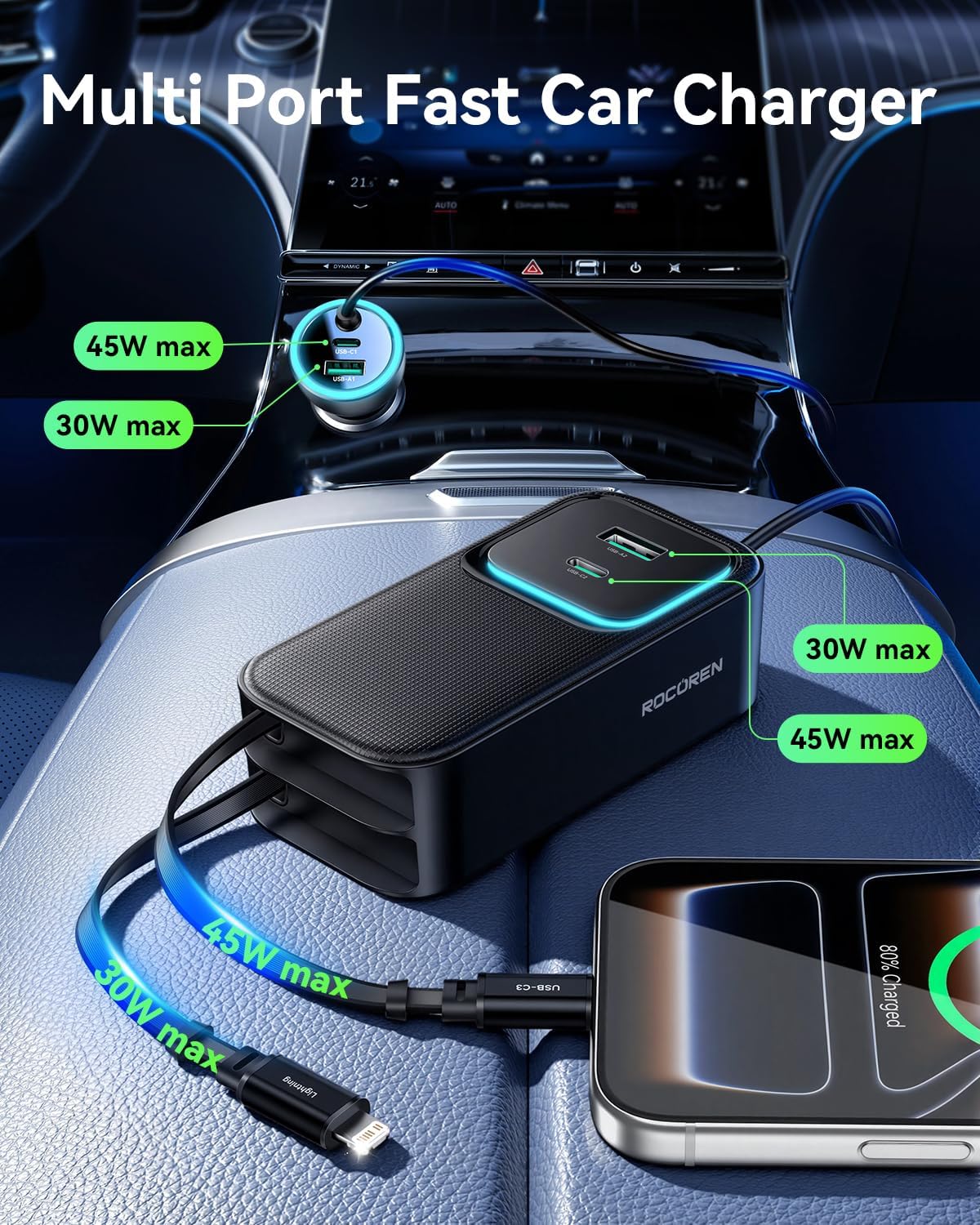 Detalle de Rocoren Retractable Car Charger 135W Fast Charge: 6-in-1 USB-C Car Adapter with 80cm Retractable Cable