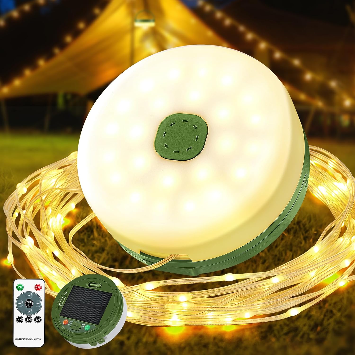Detalle de Camping Lichterkette Aufrollbar Solar 10 m – Wiederaufladbar, IP65 wasserdicht, 8 Beleuchtungsmodi