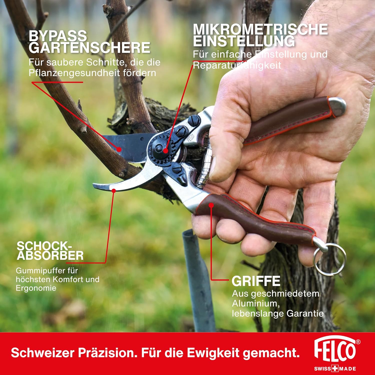 Detalle de FELCO 6 ELITE Gartenschere – ergonomisch, Ledergriffe, 20 mm Schnitt, Swiss Made