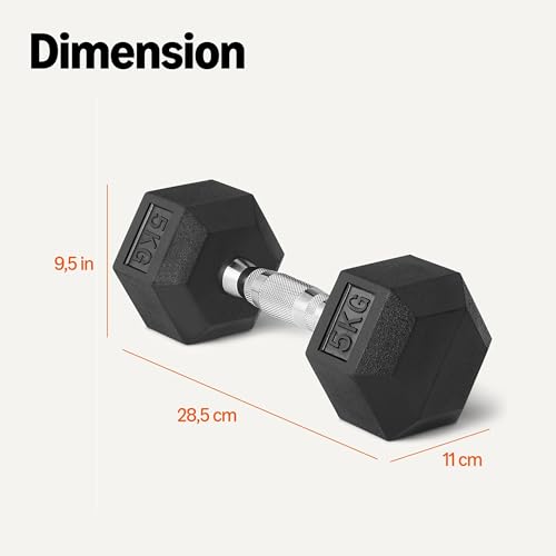 Detalle 1 de Amazon Basics Rubber Encased Hex Dumbbell Weights Set, 5 kg (2 x 5 kg) – Black