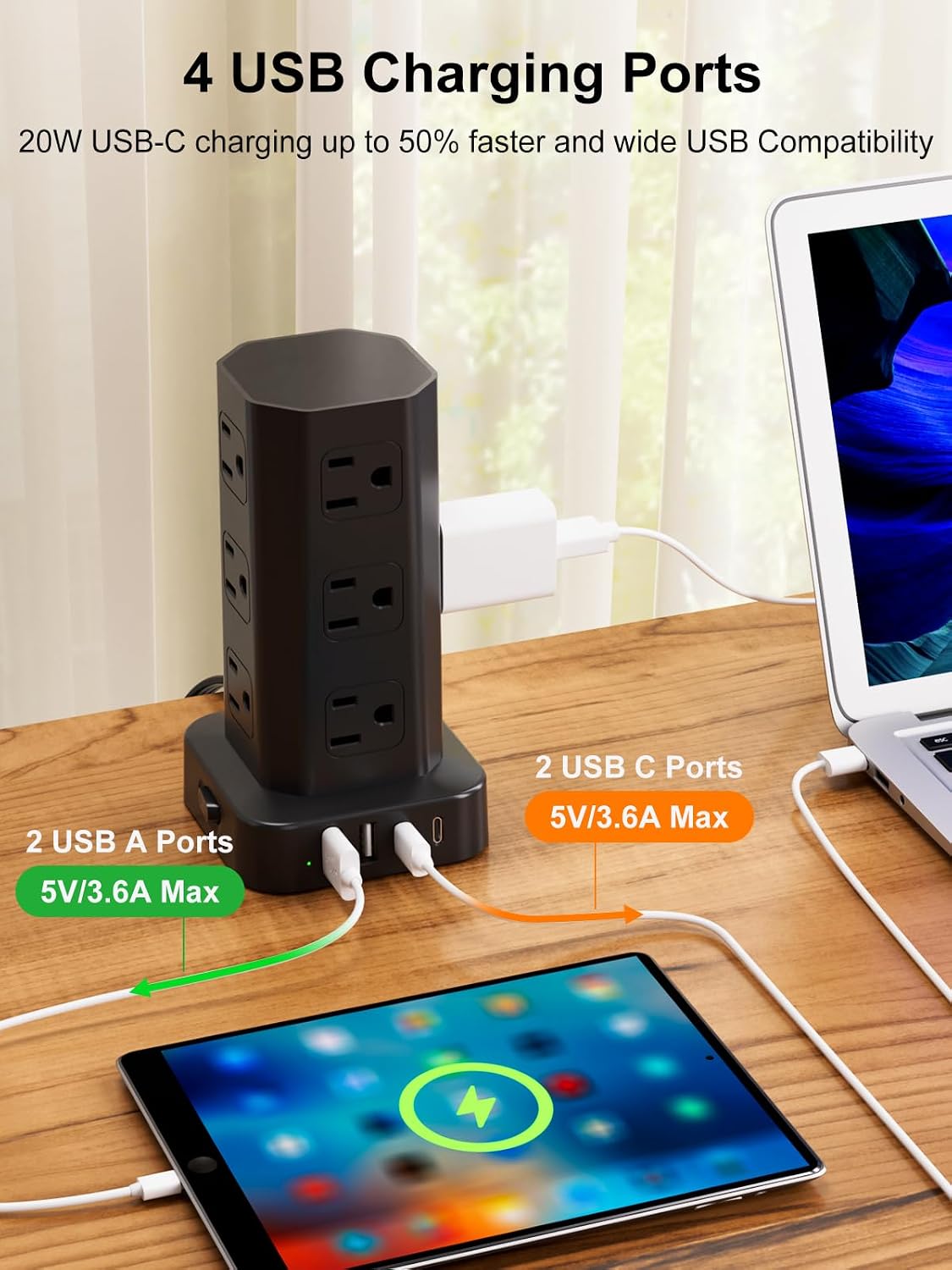 Detalle 2 de Power Strip Tower Surge Protector: 16-in-1 Desktop Charging Station with 12 AC Outlets and 4 USB Ports (2 USB-C) - 6ft Long