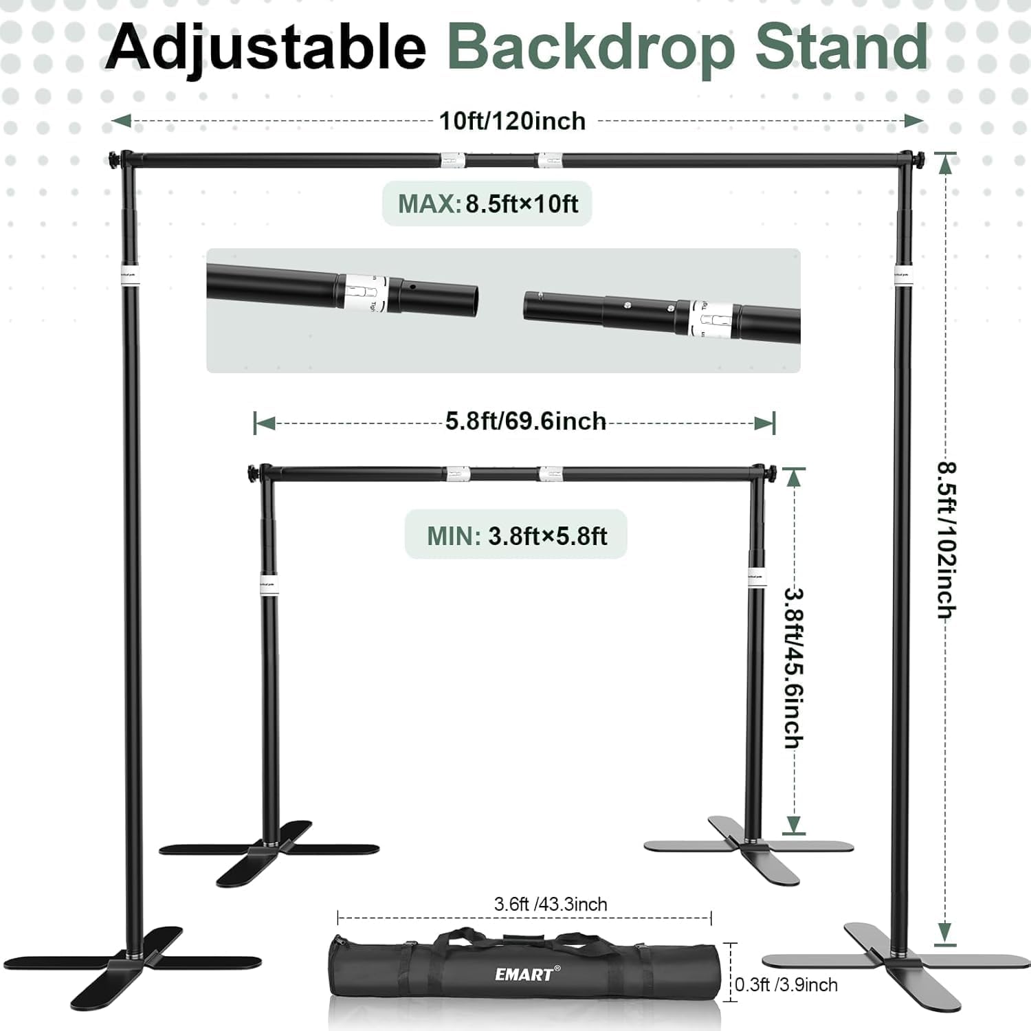 Detalle de EMART 2.6x3m/8.5x10ft Backdrop Stand with X-Shaped Base – Adjustable Photography Background Support Kit