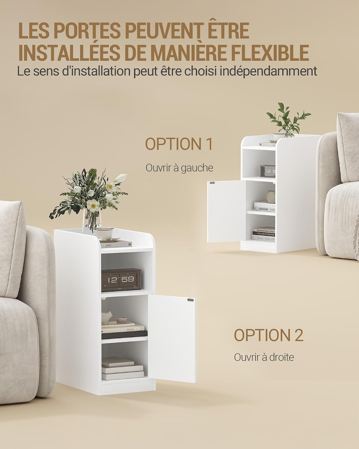 Detalle de Hzuaneri Table de Chevet étroite avec porte d'armoire – blanc (NS00303X)