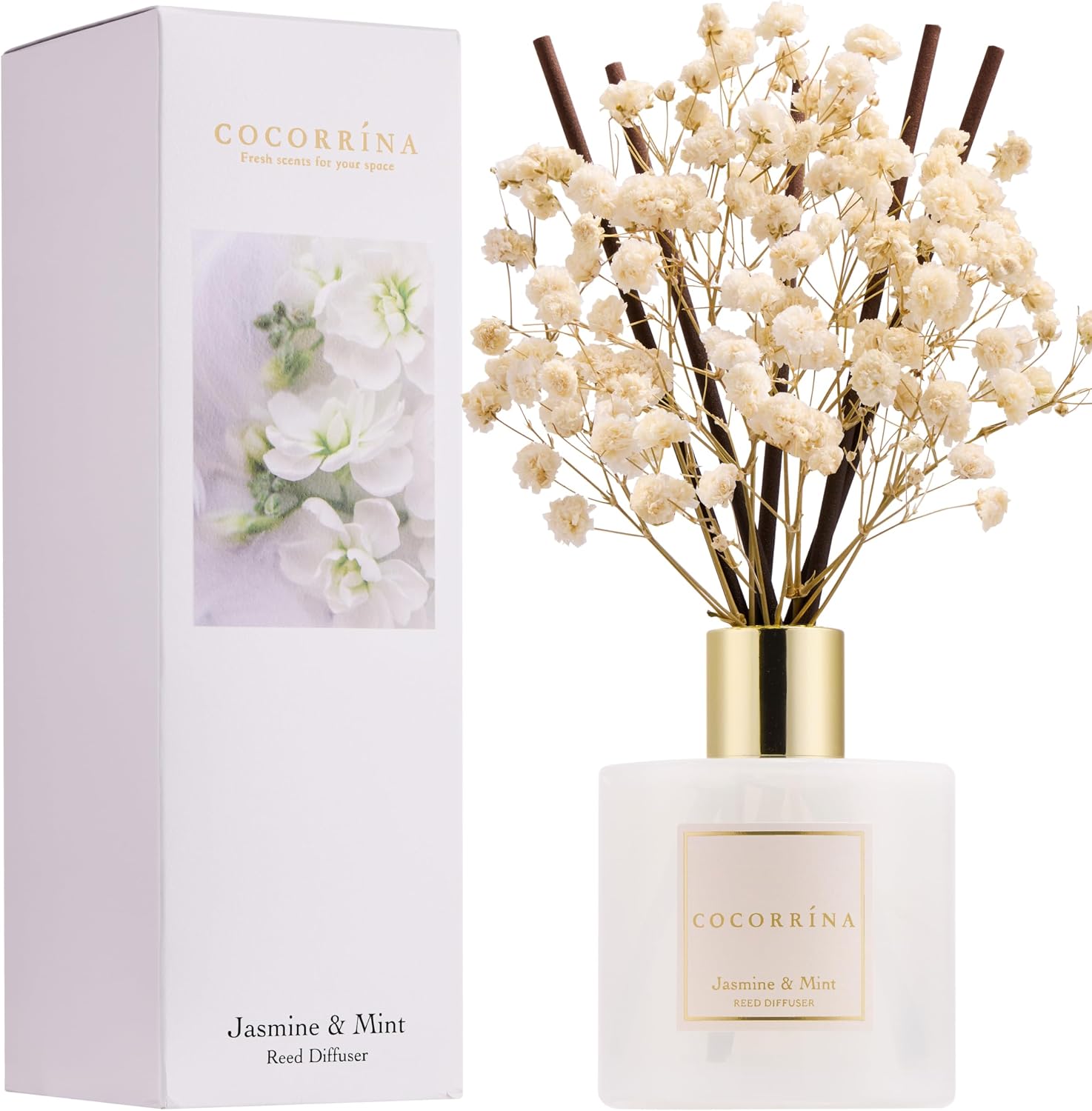 Detalle de COCORRÍNA Raumduft Reed Diffuser Jasmine & Mint 200 ml – langanhaltend, mit 8 Duftstäbchen