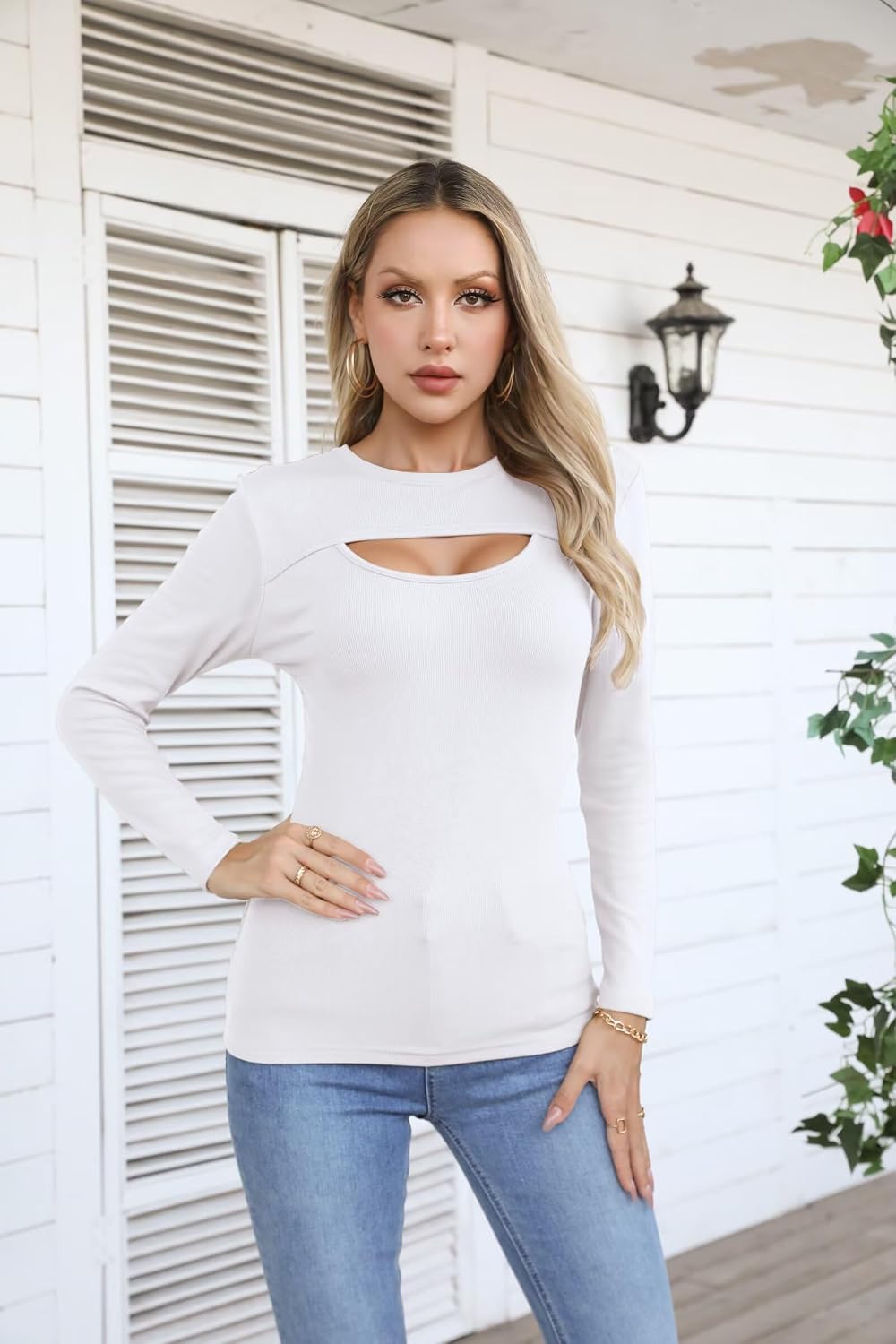 Detalle de VICHYIE Damen Langarm Shirt Ribbed Cut-Out