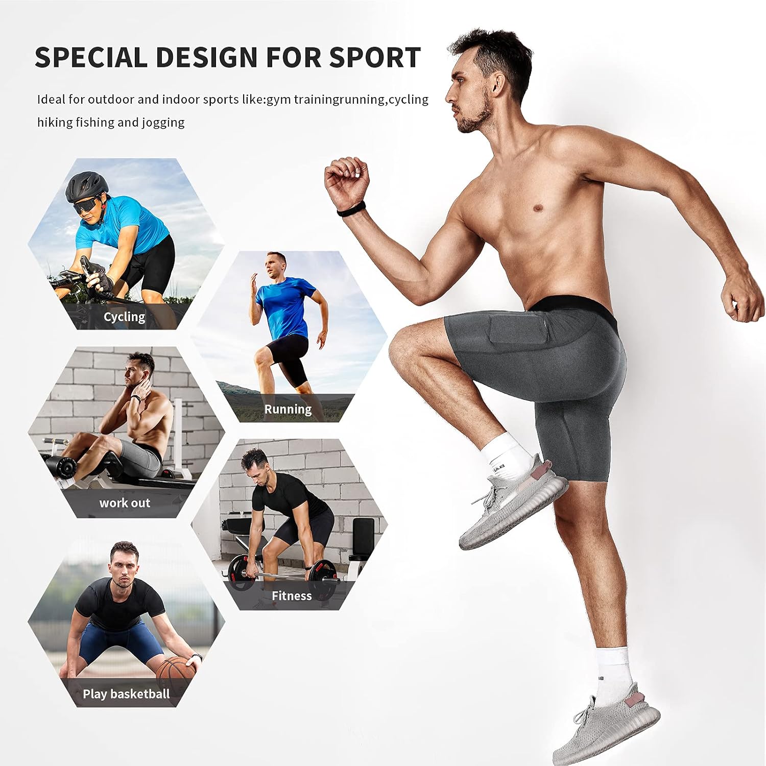 Detalle 2 de Niksa 1 or 3 Pack Men’s Compression Shorts with Cell Phone Pockets (Base Layer)