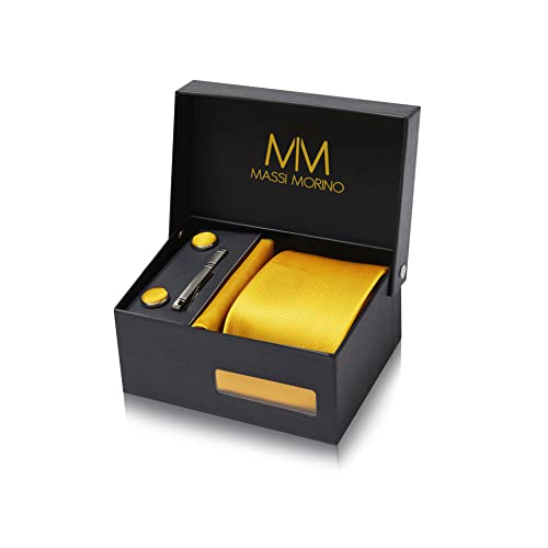 Detalle de Massi Morino Morino – Set 5 en 1: corbata amarilla con pañuelo y accesorios (gemelos, sujetacorbatas) en caja regalo