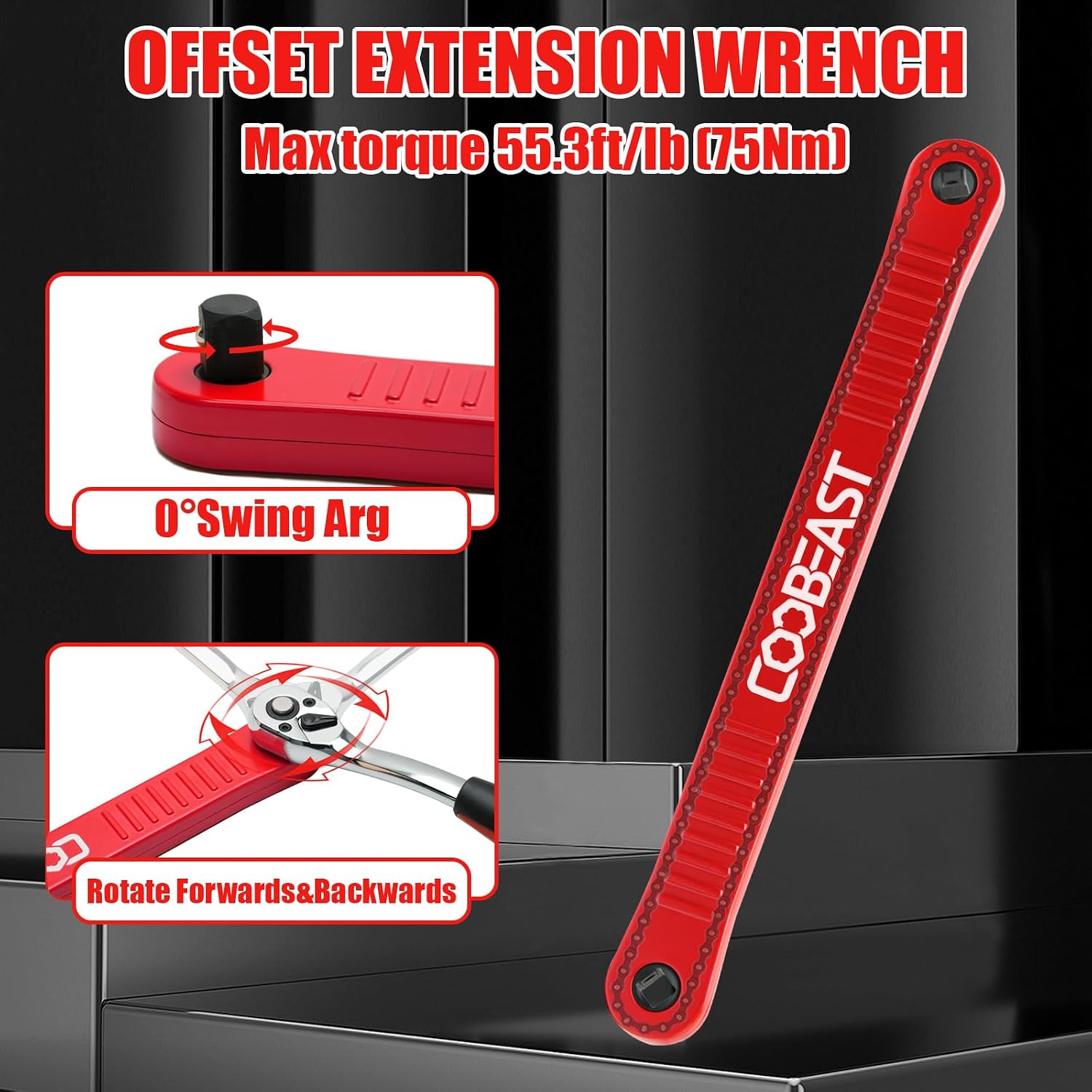 Detalle 2 de coobeast 3/8-Inch Offset Extension Wrench, Impact-Ready, 0° Swing