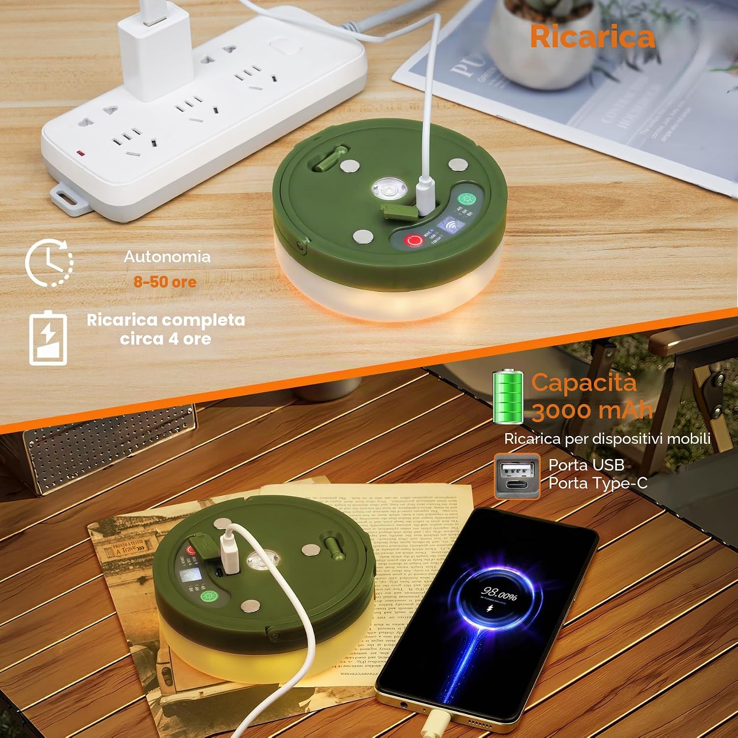 Thumbnail 2 de FOMYHEARD 10M Catena luminosa da campeggio arrrotolabile 4 in 1 – 9 modalità, USB ricaricabile, impermeabile IP65