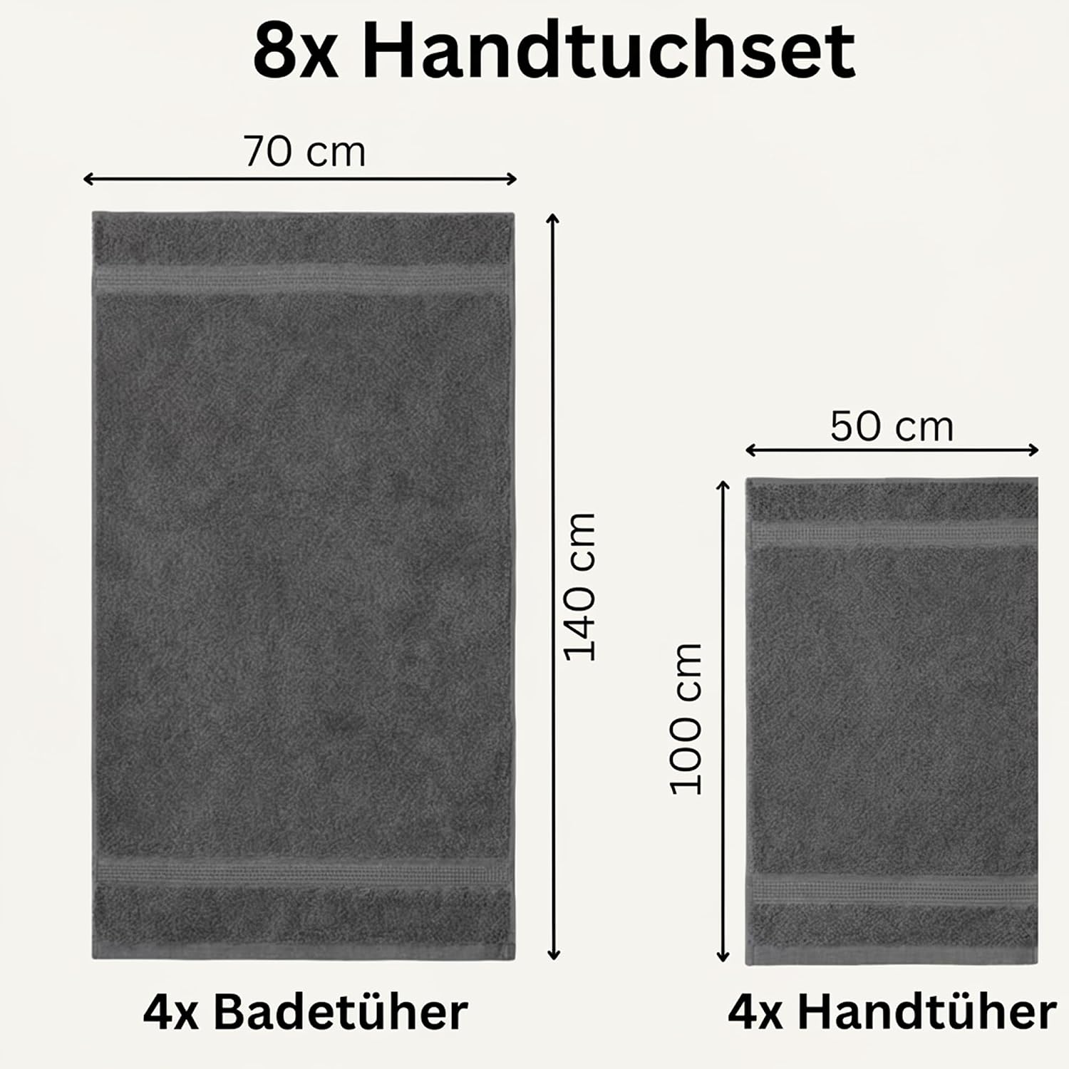 Detalle de Komfortec 8er Handtücher Set (4 Badetücher 70x140 cm + 4 Handtücher 50x100 cm) aus 100% Baumwolle-Frottee in Anthrazit Grau