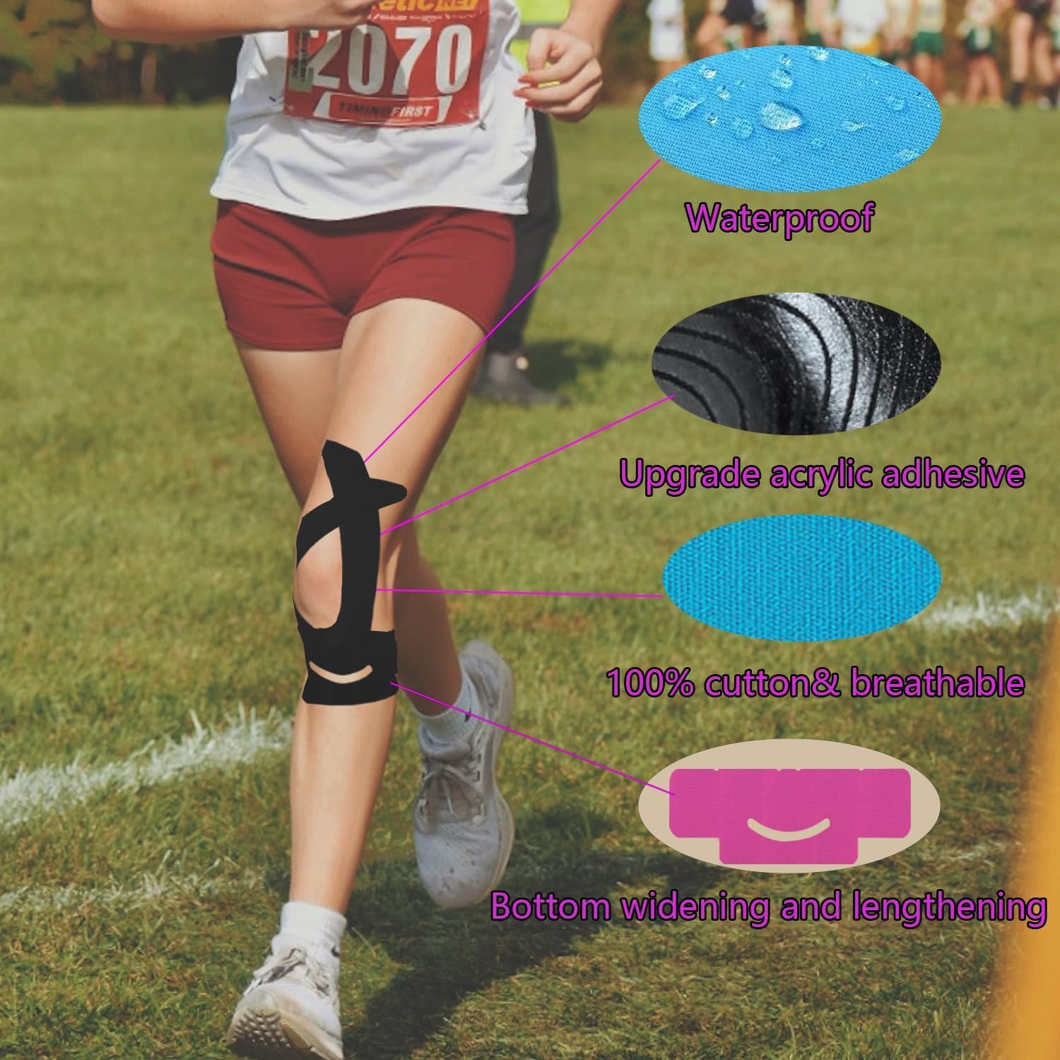 Thumbnail 3 de ANAMPION Kinesiotapes, vorgeschnitten für Knie – wasserfestes Baumwoll-Knie-Tape (12 Stück) in Schwarz/Blau/Rosa