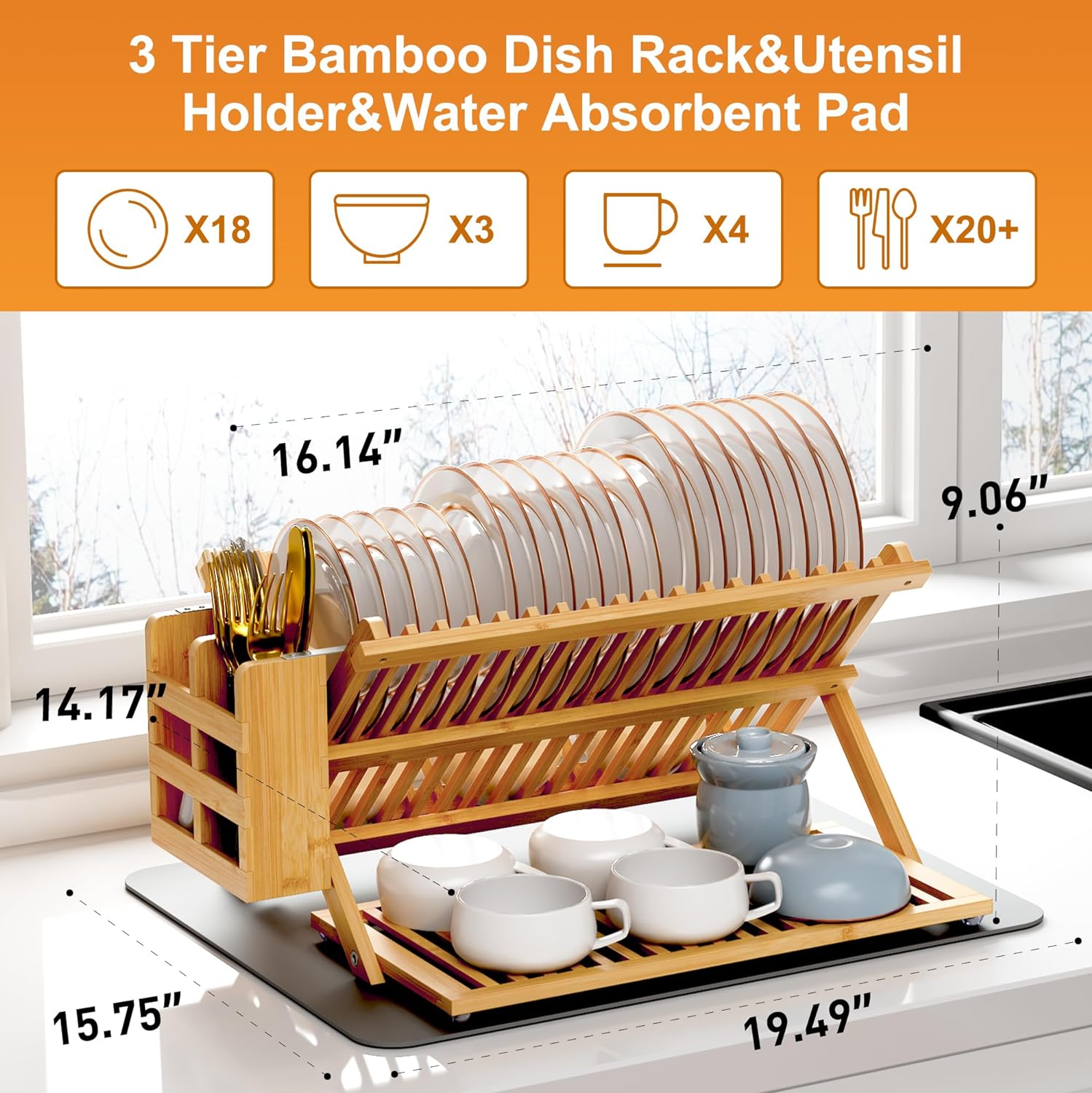 Thumbnail 1 de Greenual Bamboo Dish Drying Rack with Utensil Holder, 3-Tier Collapsible Counter Drying Station