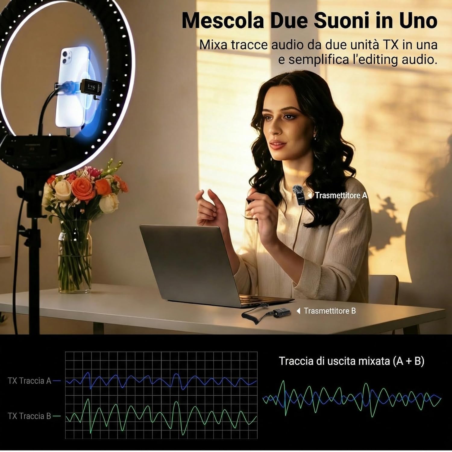 Detalle de NEEWER CM28 PRO microfono lavalier wireless con custodia e ricarica, 4 GB, autonomia 9 ore