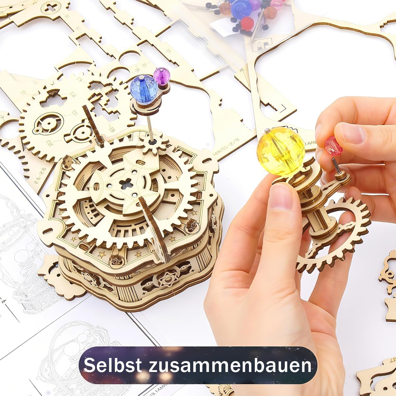 Detalle 2 de ROKR 3D Holzpuzzle „Starry Night“ Musikbox – mechanisches Modellbauset zum Selberbauen