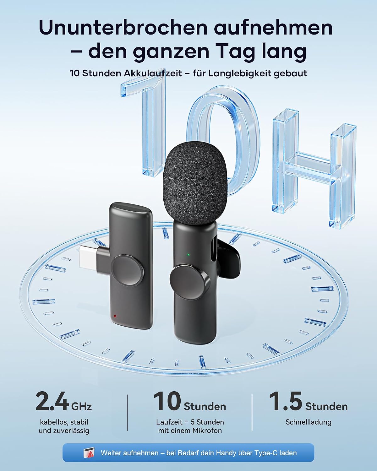 Detalle de CZOCPOS Kabelloses Lavalier Mikrofon 2er Set – Mini Funk-Lavalier für iPhone, iPad & Android (Plug & Play), Schwarz