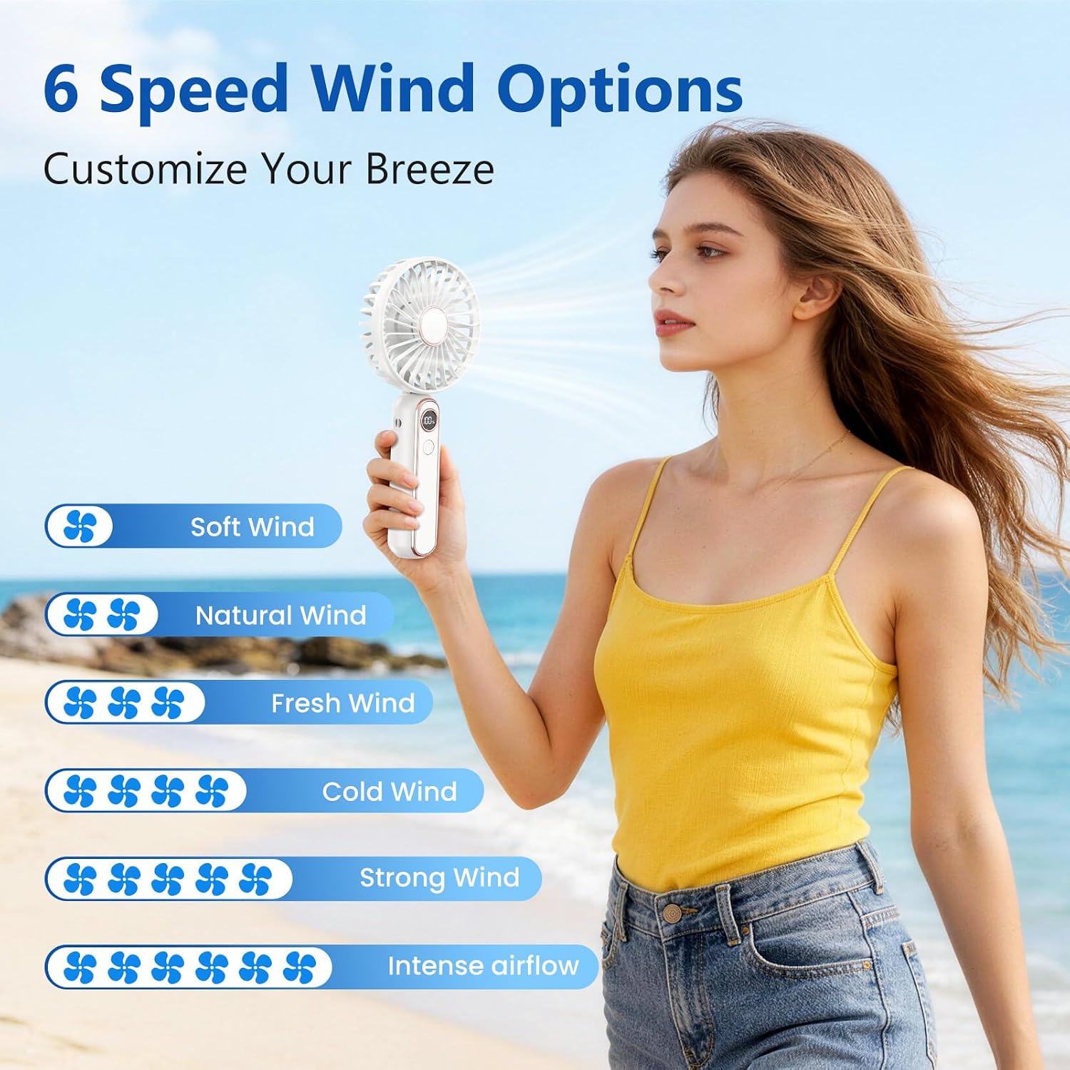 Thumbnail 1 de PALATALA Handheld Fan: Powerful 6-Speed Portable USB-C Fan with 4000mAh Battery and LED Display