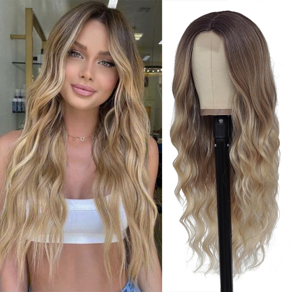 Detalle de HMHIFI 26-Inch Blonde Wig, Long Wavy Curls and Middle Part