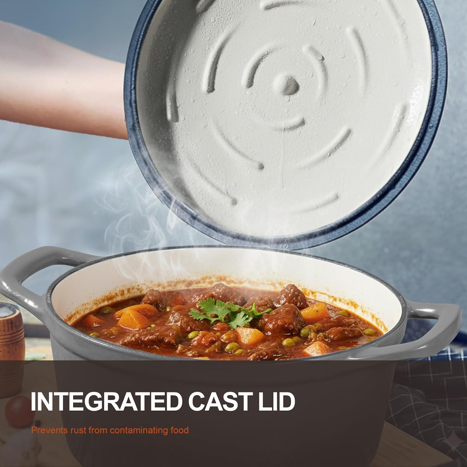 Detalle de Overmont 26cm Enamelled Cast Iron Round Casserole Pot with Lid (5.2L) – Grey