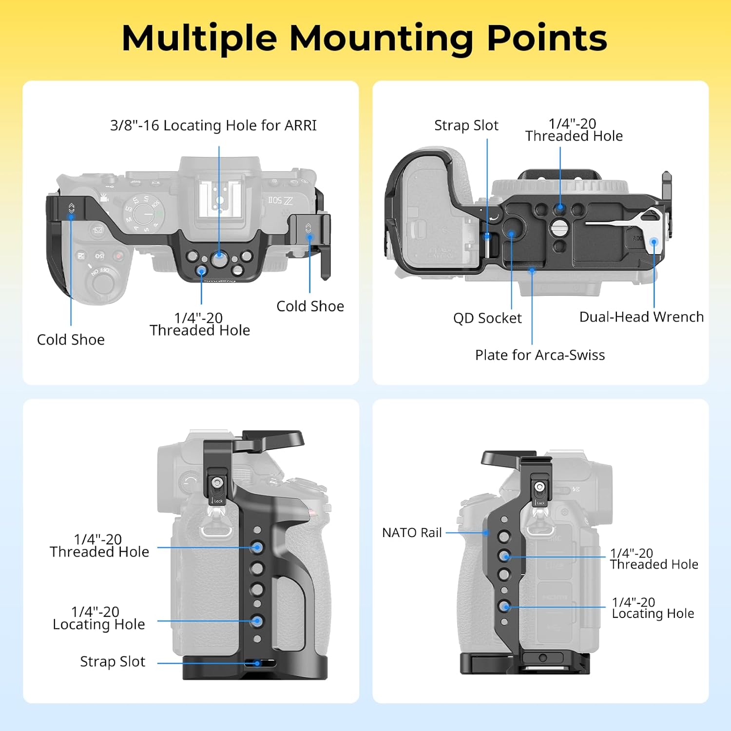 Thumbnail 3 de SmallRig Z50 II-Käfig für Nikon Z50 II – Aluminiumkäfig mit doppelter Blitzschuhhalterung, NATO-Schiene und Arca-Swiss Schnellwechselplatte (4980B)
