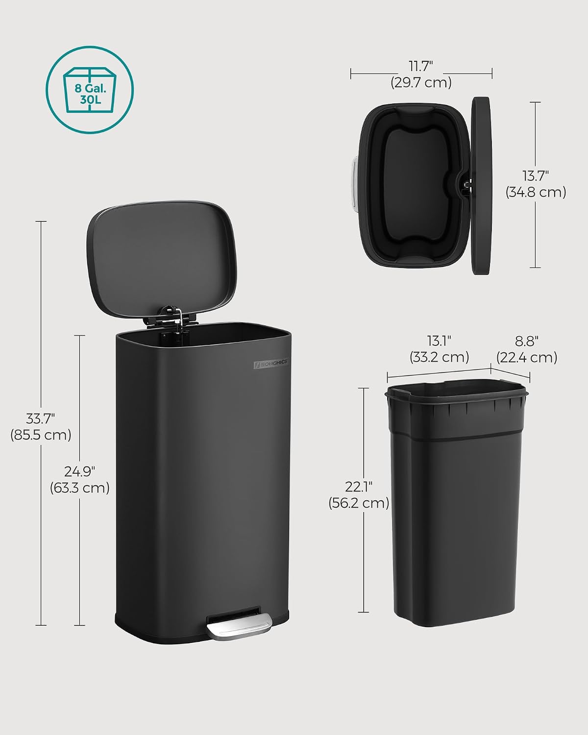Thumbnail 5 de SONGMICS Kitchen Bin 13 Gallon (50 L) with Soft Close Lid and Pedal, Blue LTB050L02