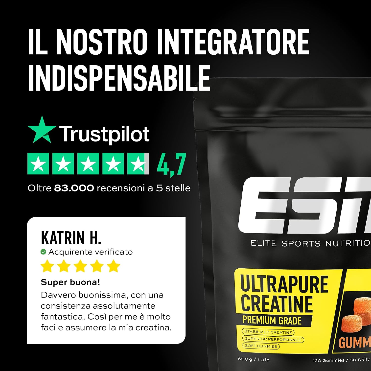 Detalle de ESN Ultrapure Creatine Gummies: 120 caramelle gommose da 3,4 g di creatina monoidrato per porzione giornaliera