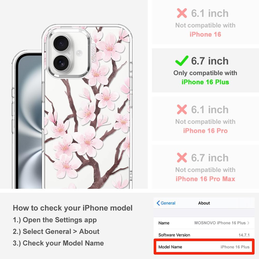Thumbnail 1 de MOSNOVO Case for iPhone 16 Plus with Buffertech 6.6ft Protection – Cherry Blossom Clear TPU Bumper