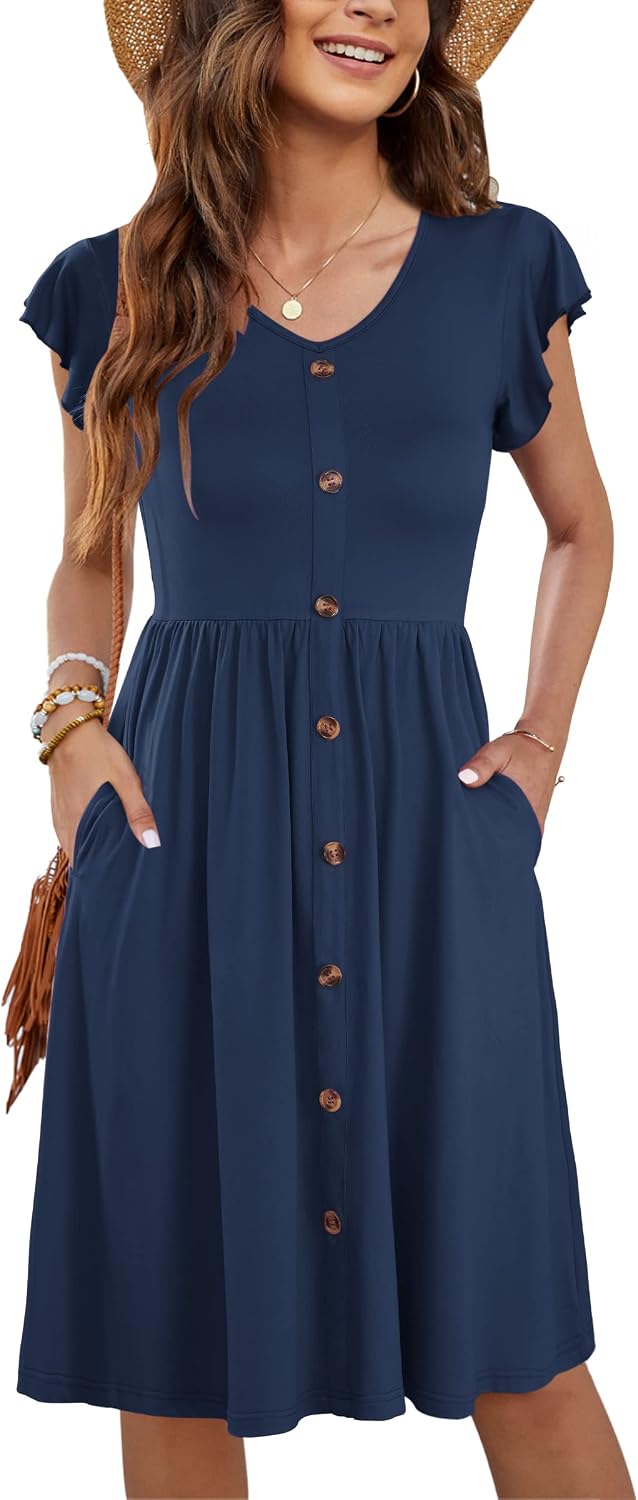 Detalle de MOLERANI Damen Sommerkleid mit Rüschenärmeln, V-Ausschnitt und Taschen – elastischer Taillen-Swing im Midi-Format