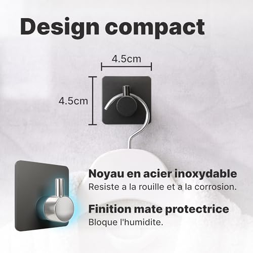 Detalle de MINISMUS Crochets Adhésifs Muraux Sans Percage – Lot de 6, 5 kg chacun, Acier Inoxydable Noir