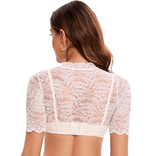 Detalle de Goxozzy Dirndl Bluse Damen – Spitzen-Dirndlbluse mit Perlenknöpfen, Weiß/Schwarz, Größe 34–44