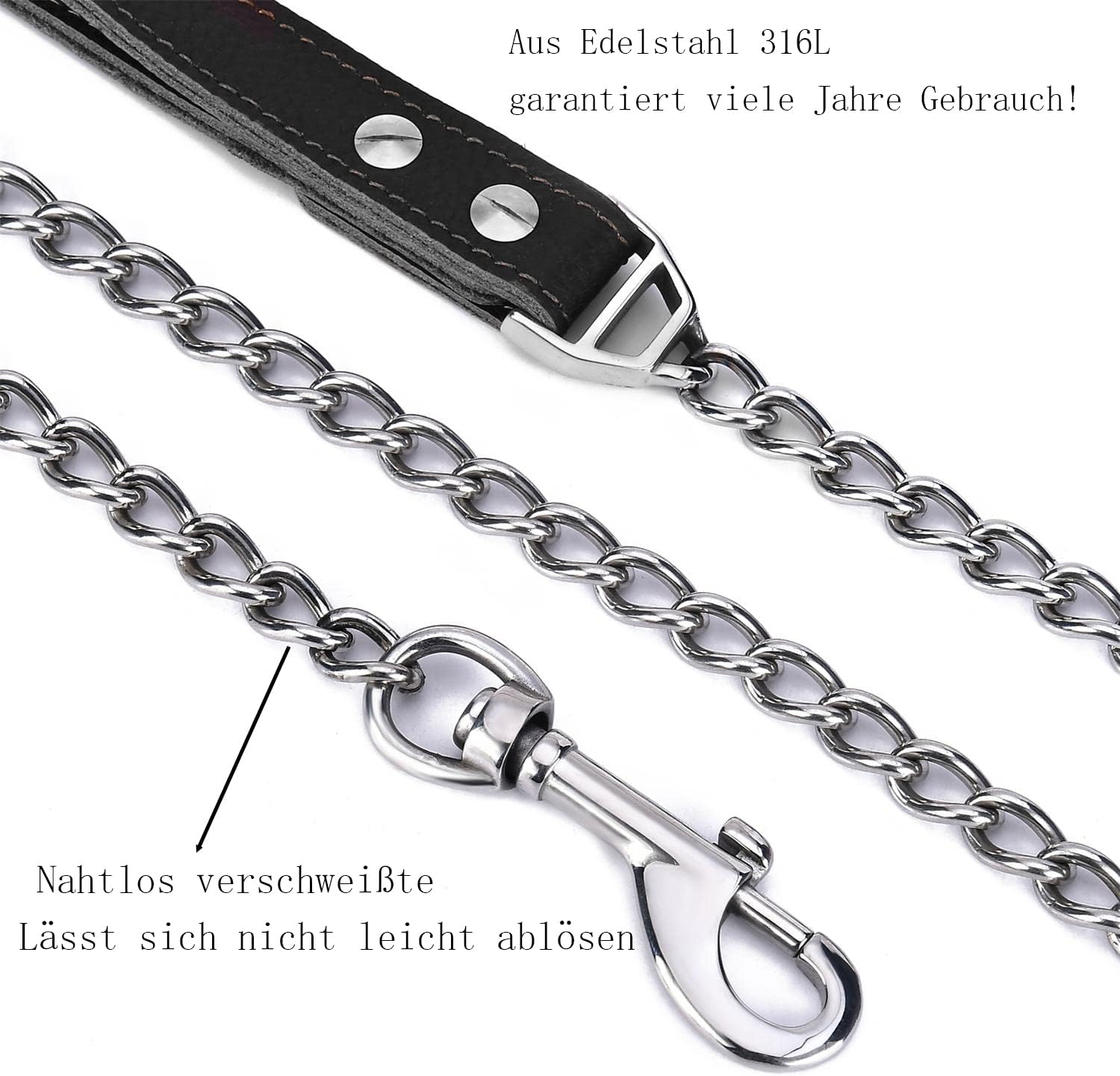 Detalle 2 de YOTHIWAD Hundeleine aus Metall (Edelstahl 316L), Schwerlast-Gehtrainingsleine mit Ledergriff – 120 cm