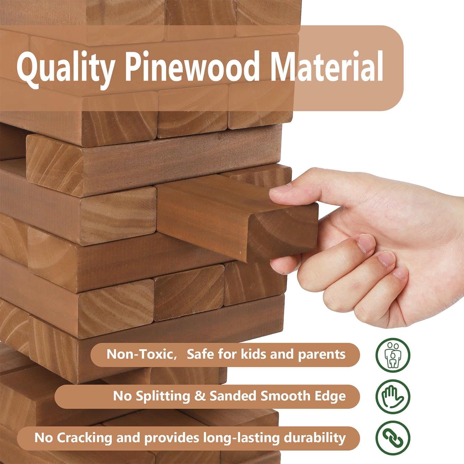 Thumbnail 2 de Juegoal 54-Piece Giant Tumble Tower Wooden Stacking Game (Brown) with Board & Canvas Bag