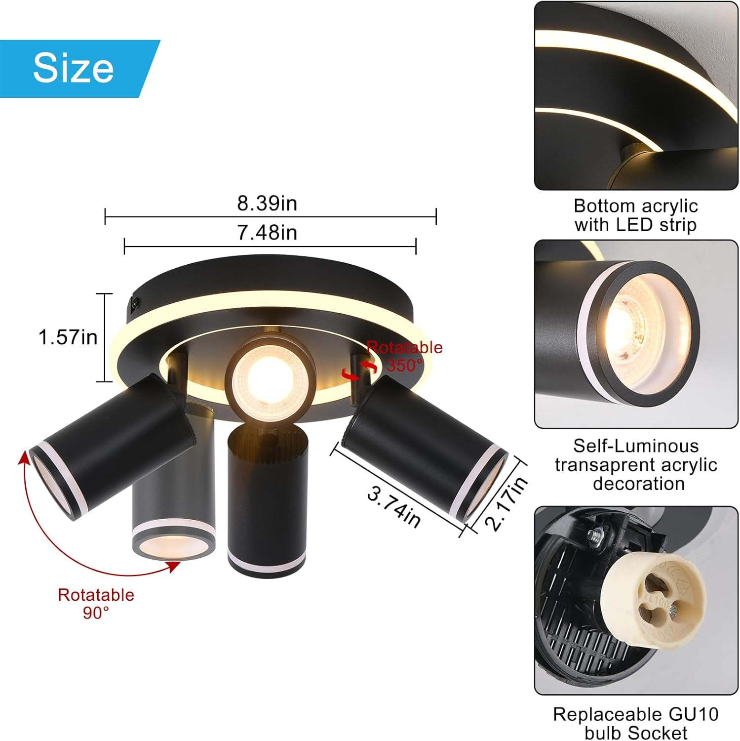 Thumbnail 3 de SANSHI Deckenleuchte 4‑flammig LED, schwenkbar 350° – 22W + 4×5W GU10, Schwarz