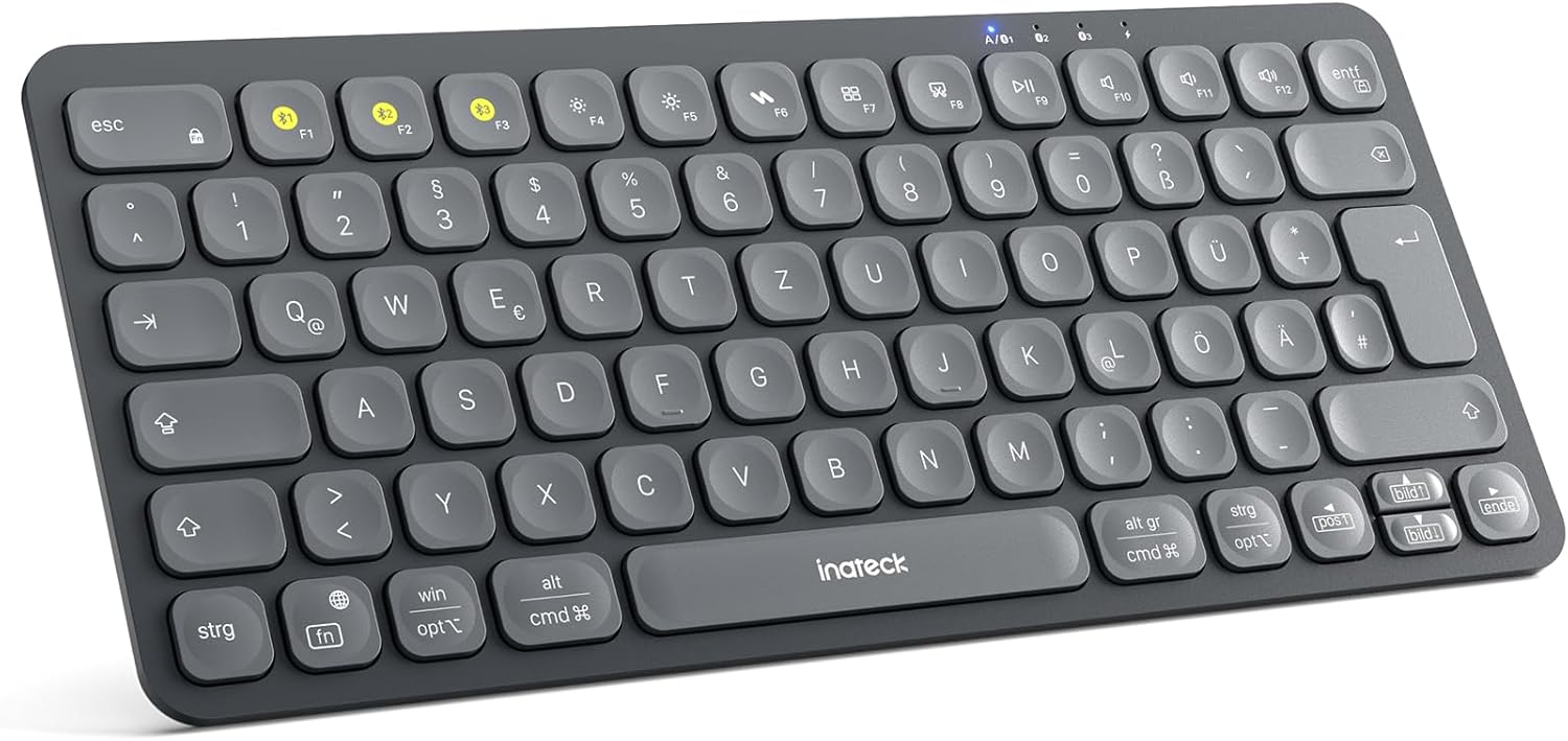 Detalle de Inateck KB107: Kabellose Bluetooth-Tastatur mit 3-Geräte-Switch, ultradünn und ergonomisch