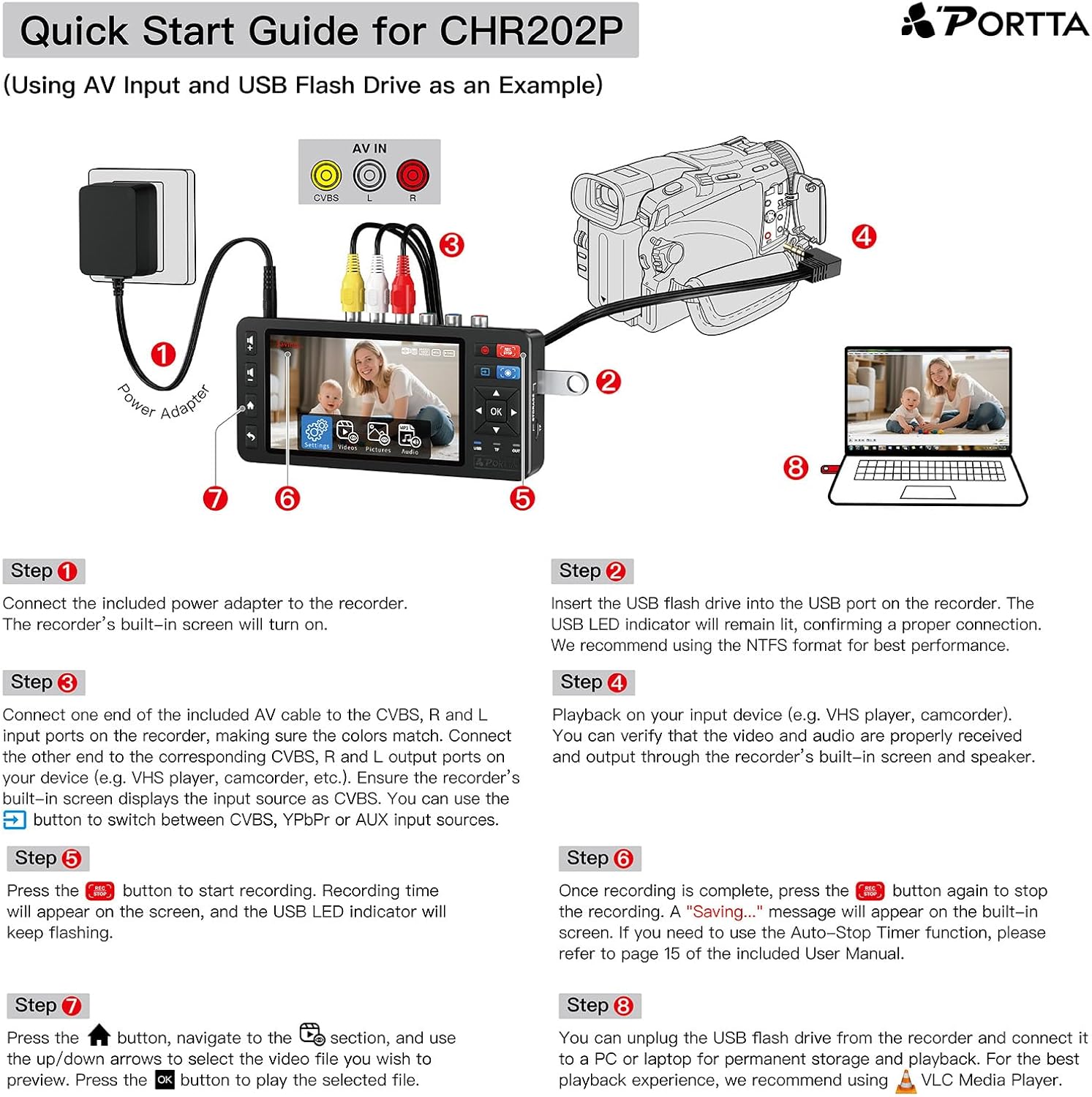 Thumbnail 6 de PORTTA VD22P VHS to Digital Converter with 5-inch HD Screen (VCR/VHS/Hi8/Mini DV to MP4)