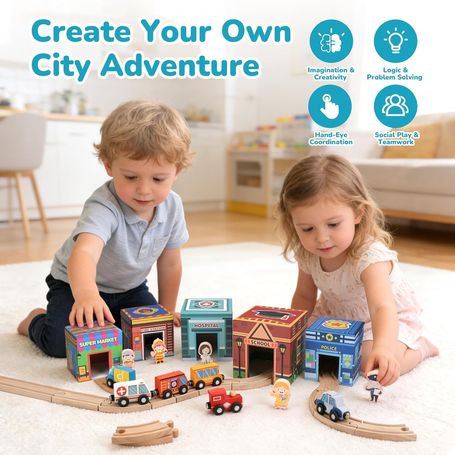 Detalle de Wooden Train Set with 23 Tracks