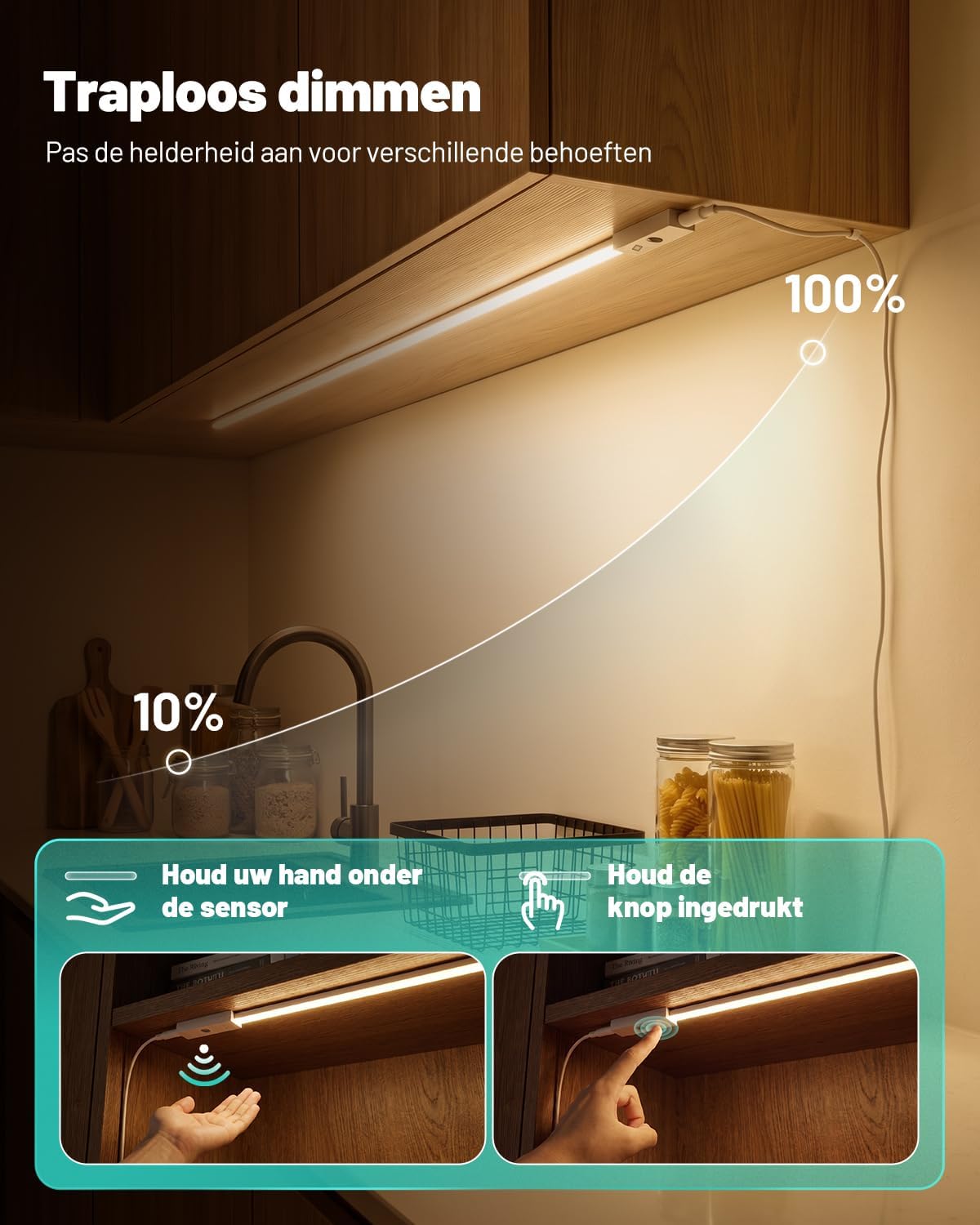 Detalle de Dinoho DL1101311 ledstrip voor onder kast, dimbaar en 3 lichtkleuren