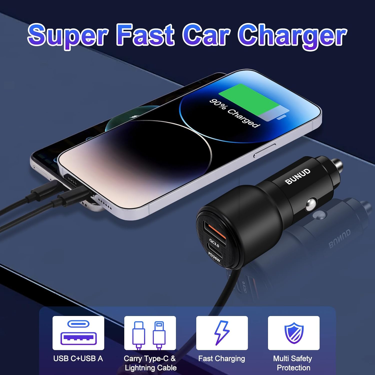 Thumbnail 1 de BUNUD USB Car Charger 66W with PD & QC 3.0 and coiled cable (Type C + Lightning)