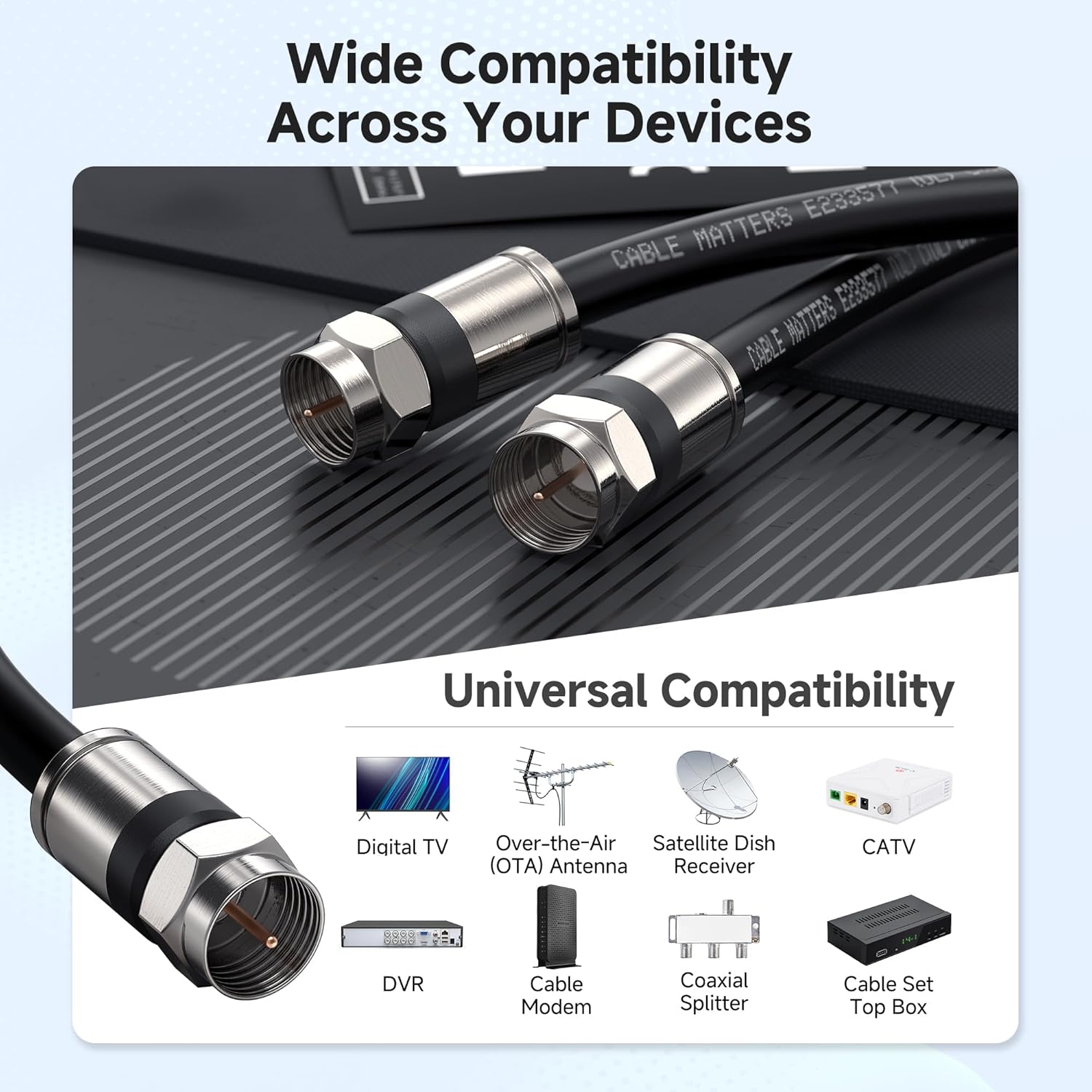 Thumbnail 4 de Cable Matters 3-Pack RG6 Coaxial Cable (3ft) — CL2 Rated Quad Shield for In-Wall TV, Modem, Satellite Connections (Black)