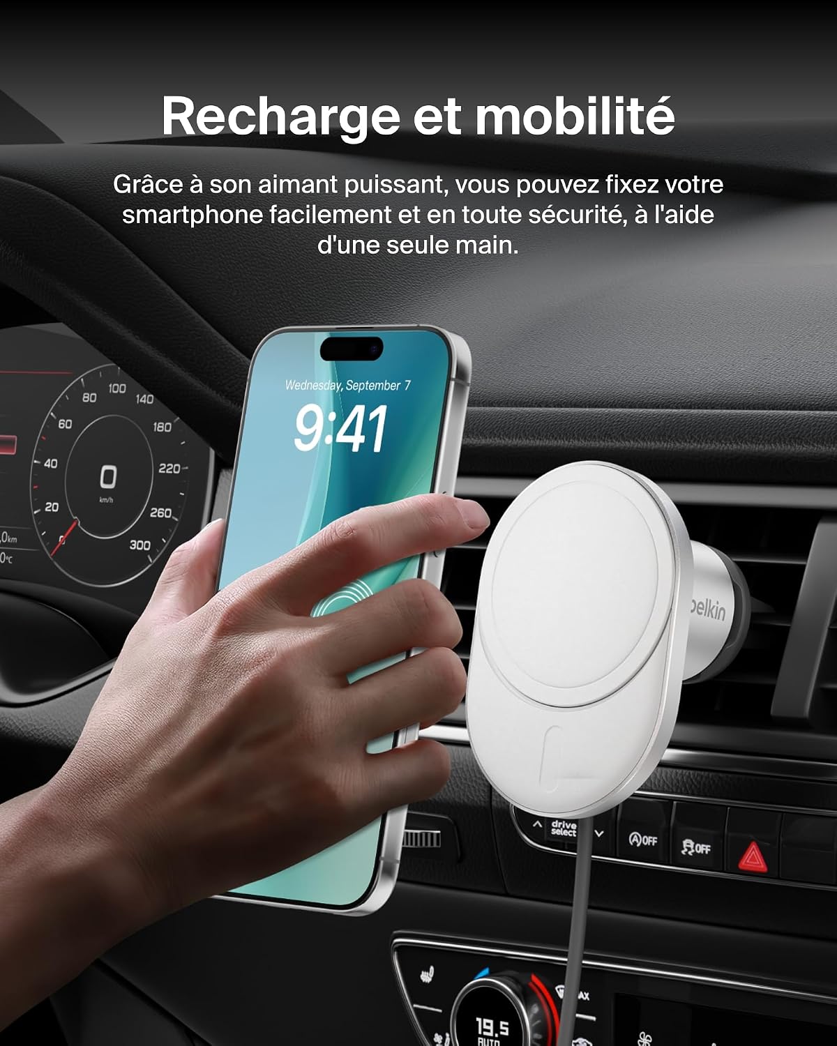 Detalle 2 de Belkin BoostCharge Pro : chargeur de voiture magnétique sans fil Qi2 (15 W) compatible MagSafe