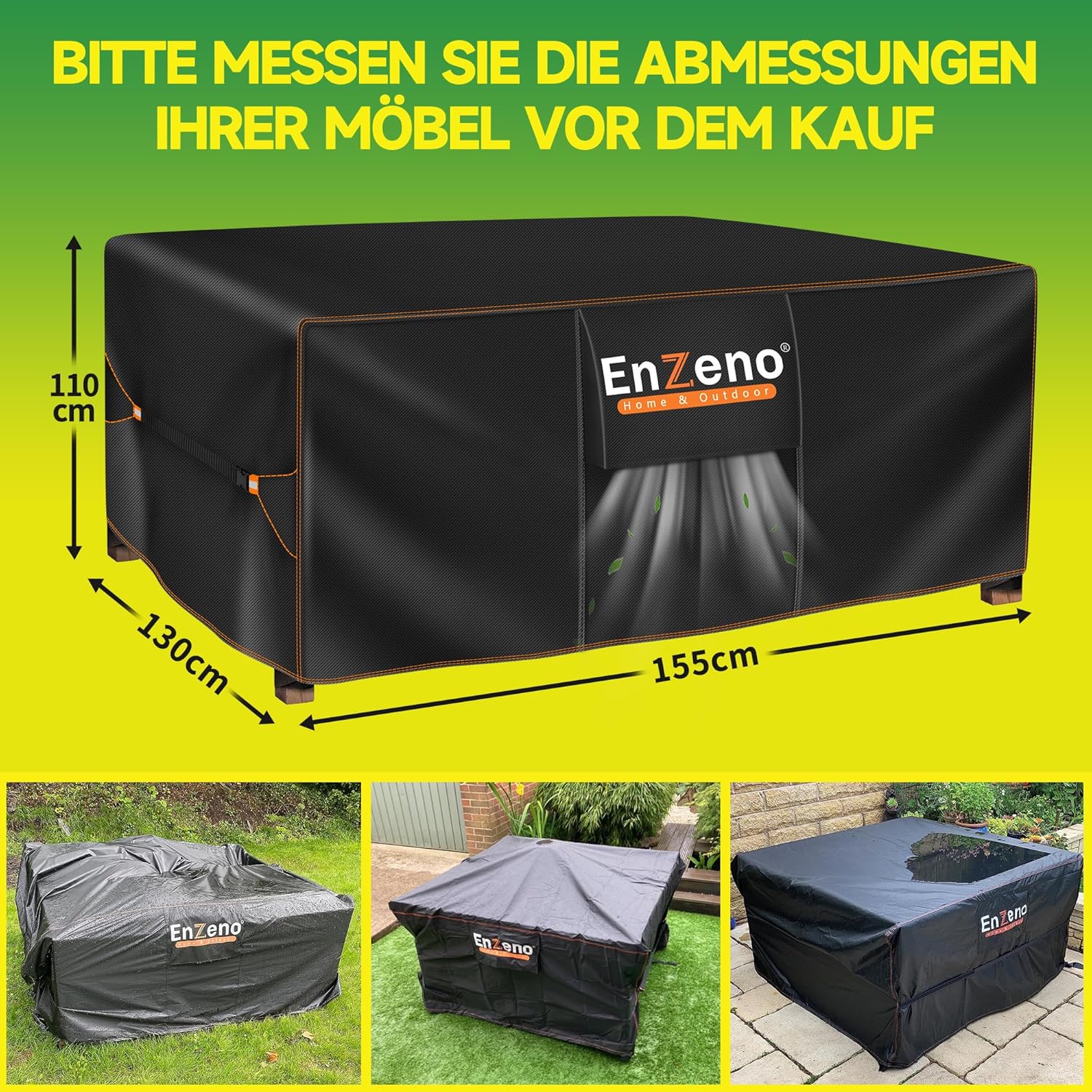 Thumbnail 6 de Enzeno Abdeckplane für Gartenmöbel aus 420D Oxford – wasserdicht & winterfest für Gartentisch, rechteckig 155x130x110 cm